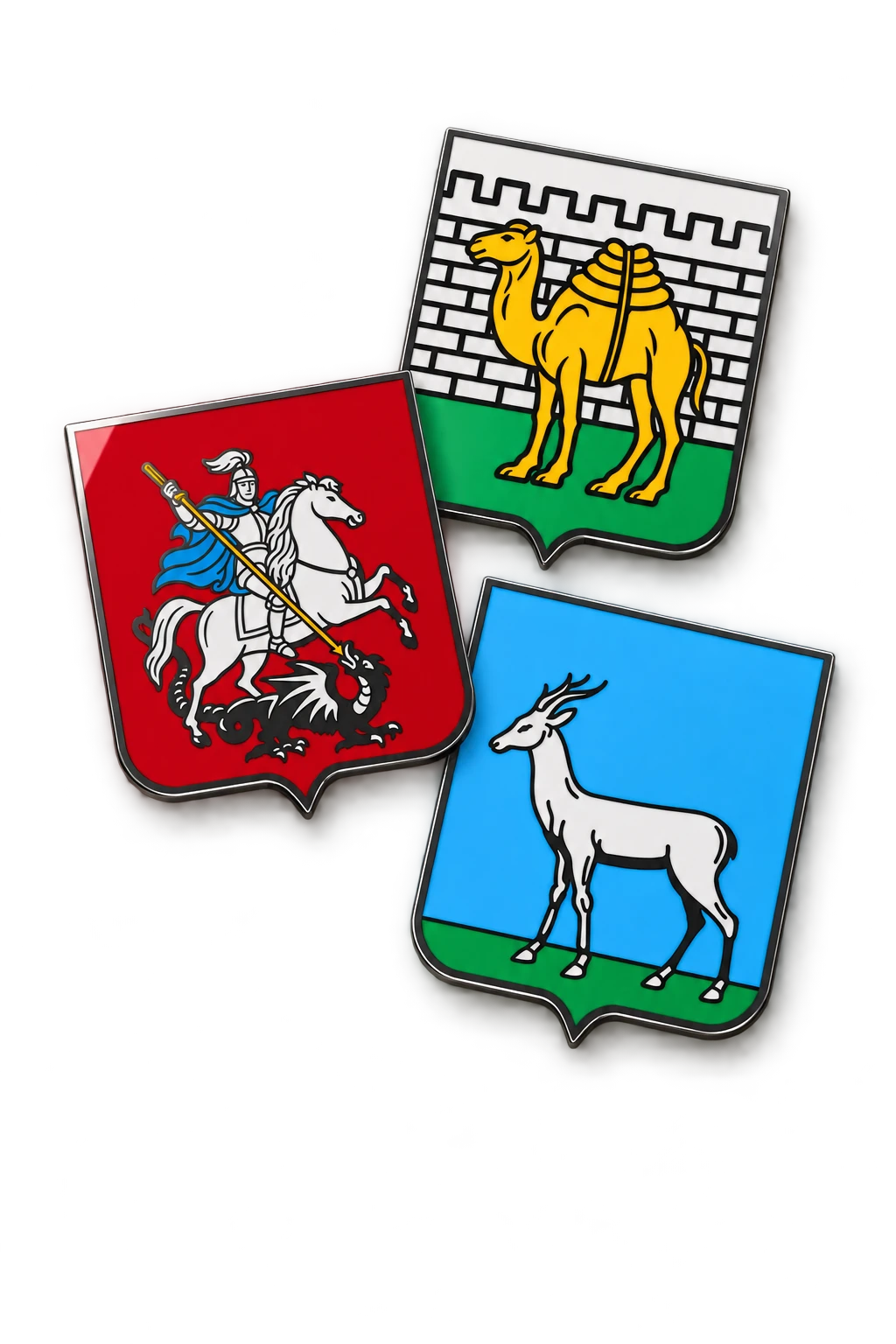 Три коллекционных магнита с гербами городов